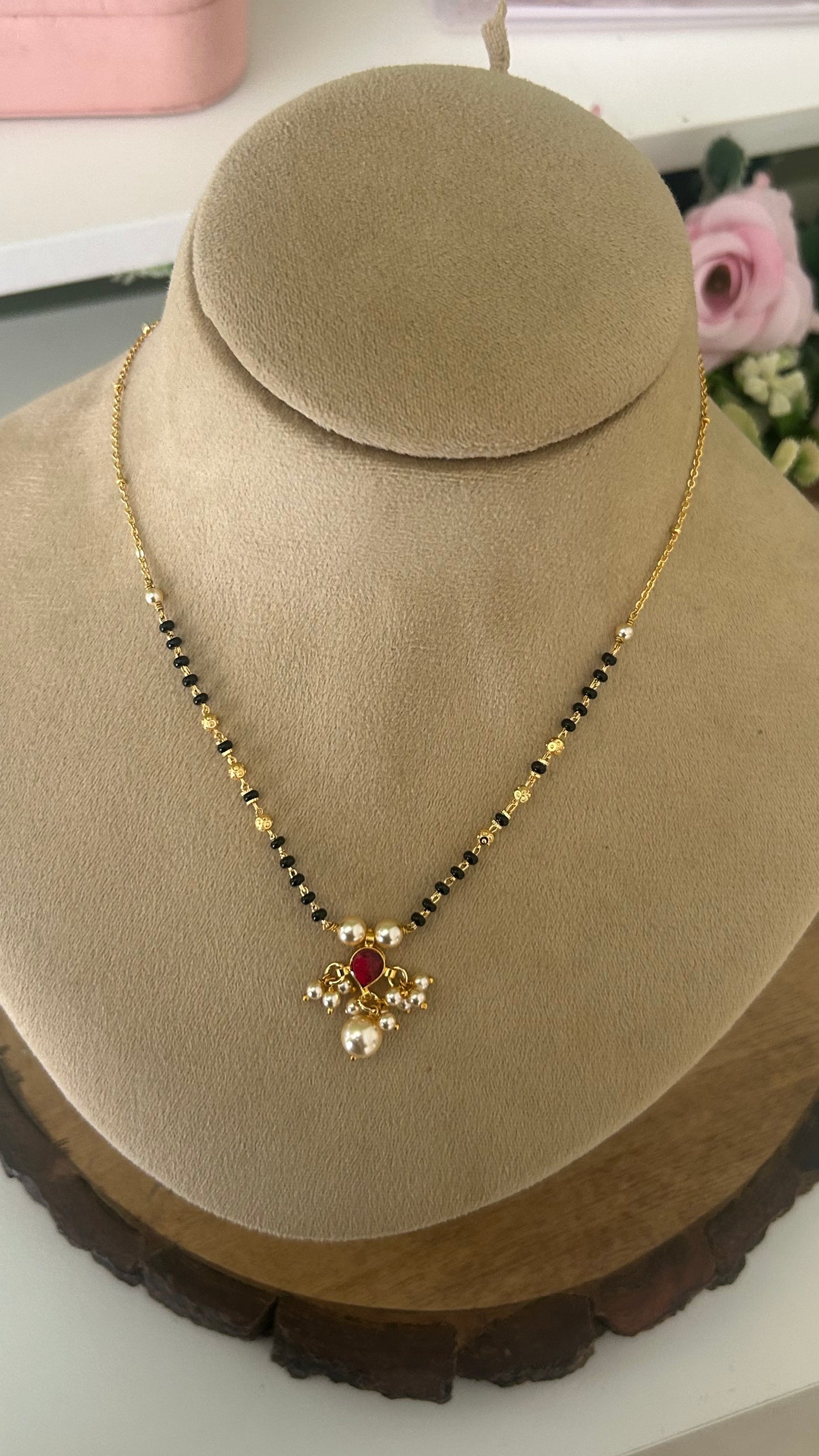 Designer Black Beads Mangalsutra with Ruby  kundan Pearl Pendant in 16 to 18 inch