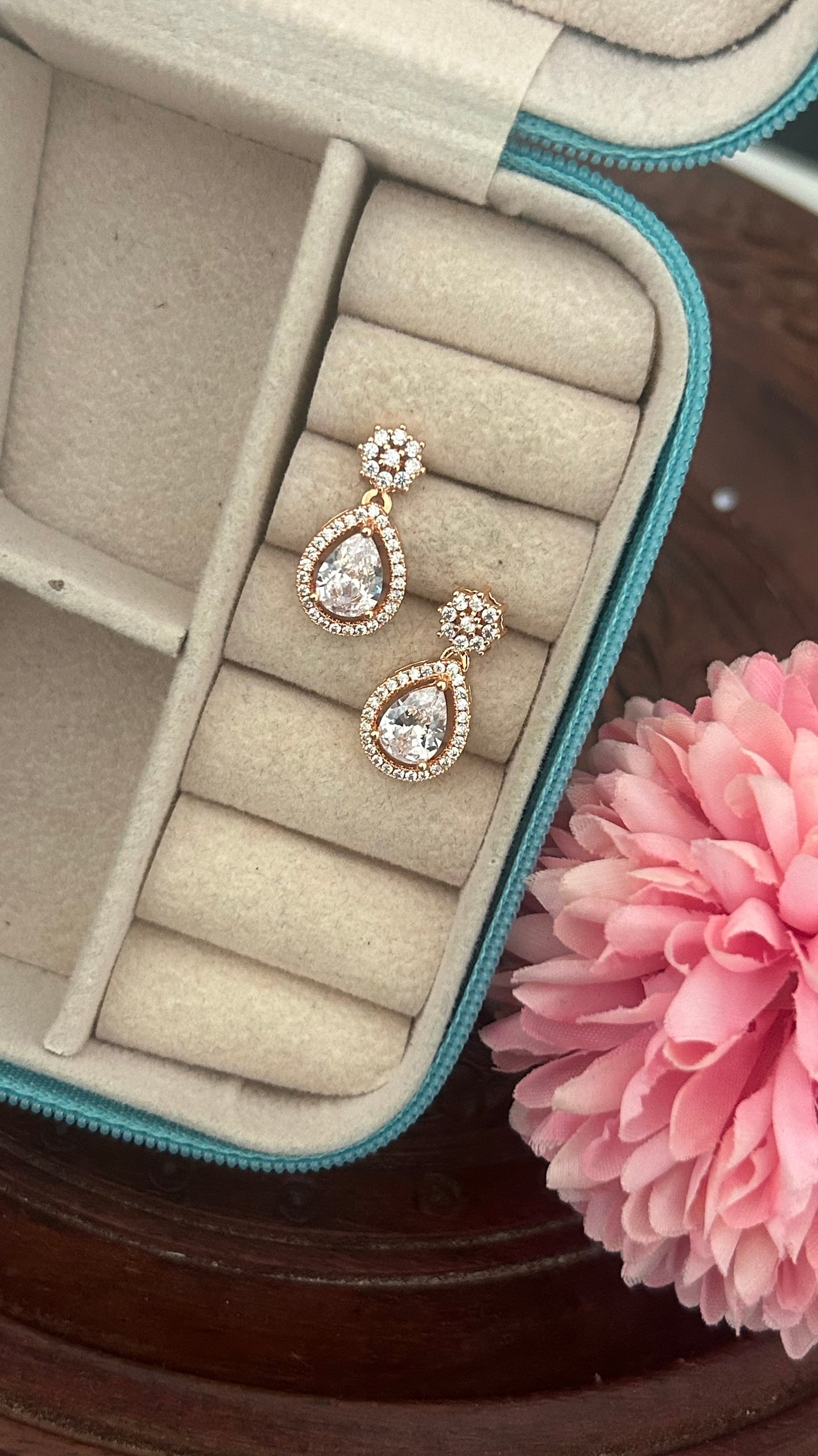 Cz full stone white flower stud with hanging