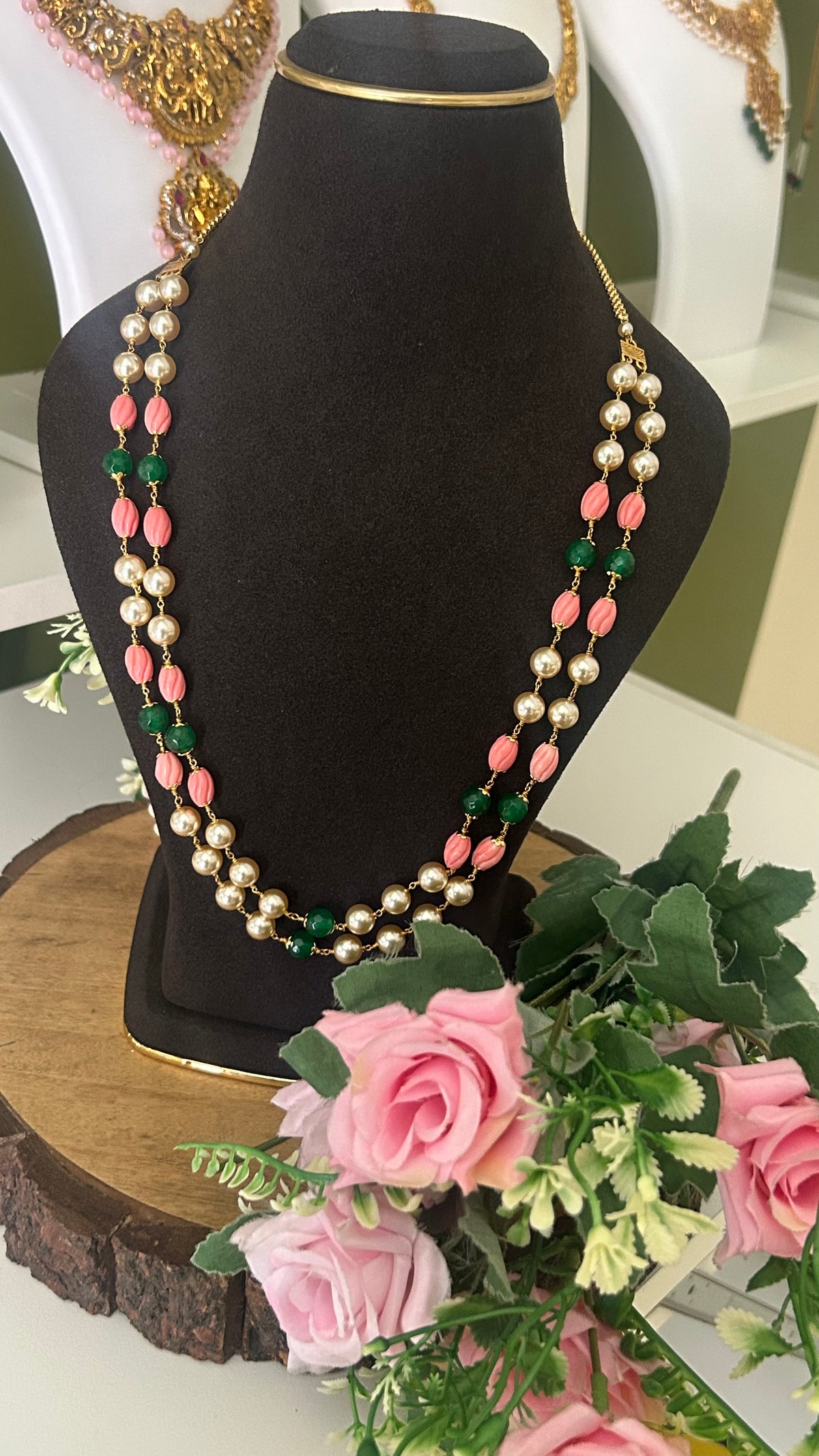 Pink Green Beaded Pearl Double Layer Necklace | Traditional Ethnic Long Necklace for Women