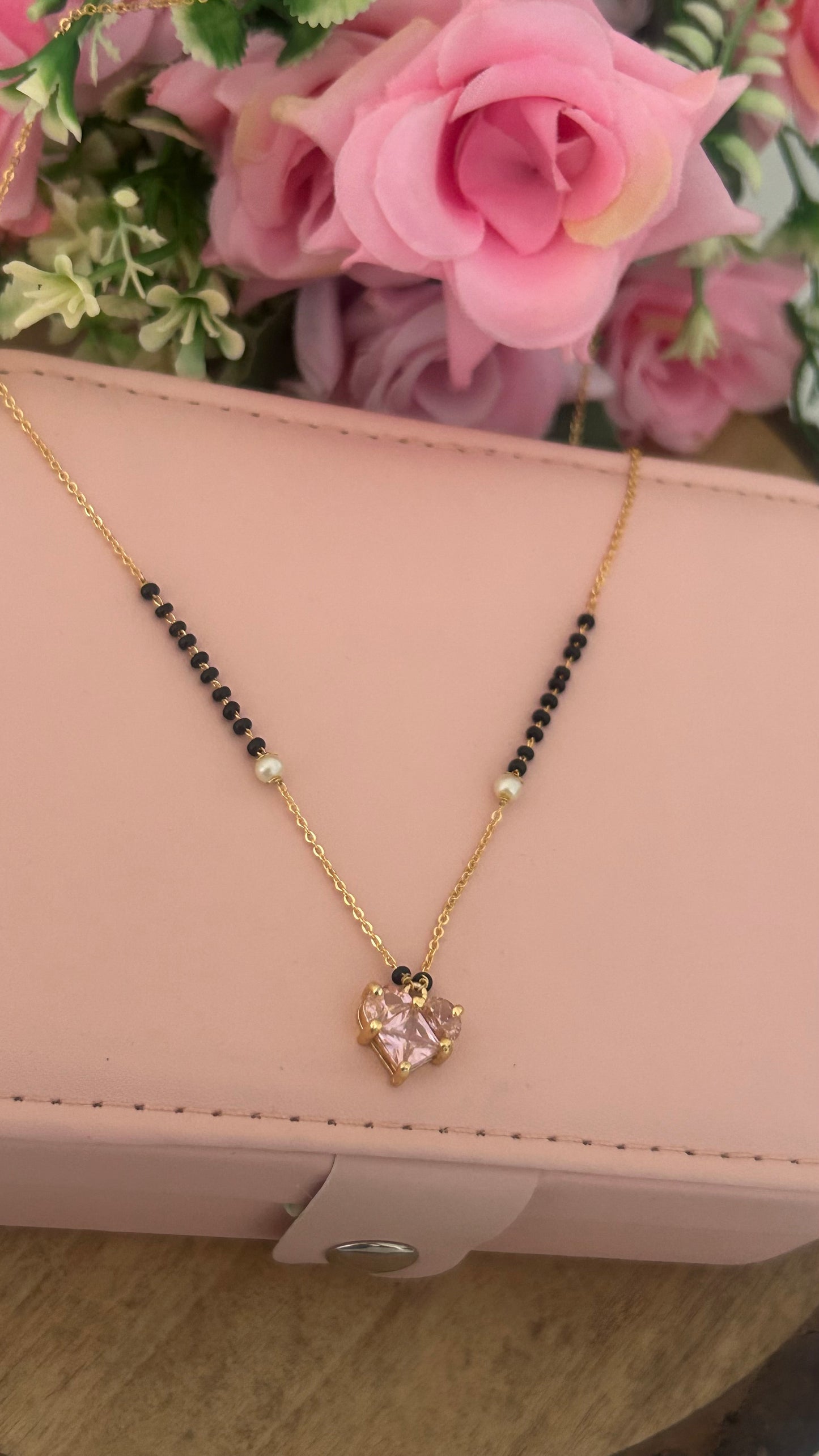 Stylish Black Beads Chain with Pink Heart Charm | Lightweight Mangalsutra
