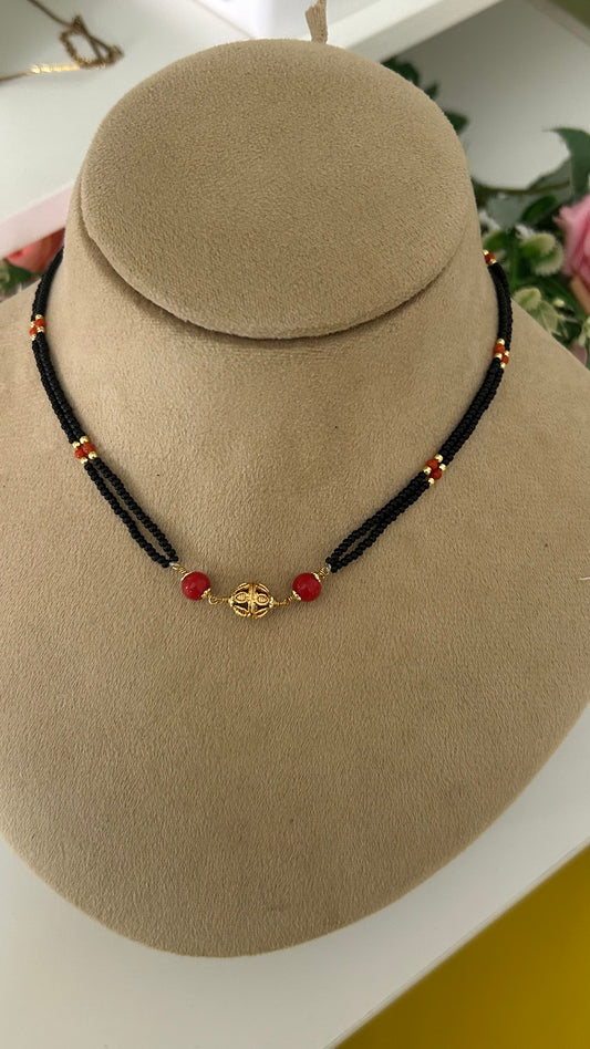 Dainty 16" Black Bead Choker with Gold Filigree & Red  coral bead Accents