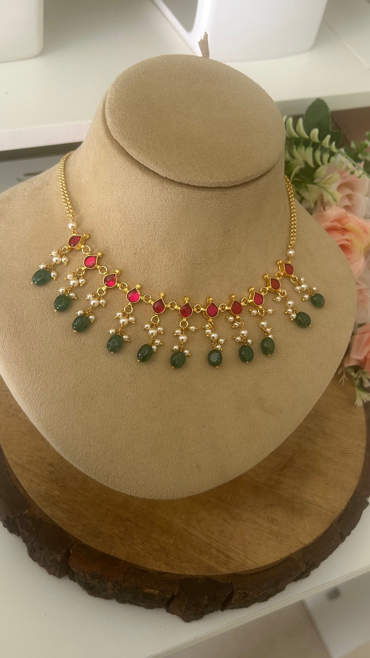 Kundan Drop Necklace with Green Strawberry Beads & Ruby Red Stones – Elegant Traditional Jewellery