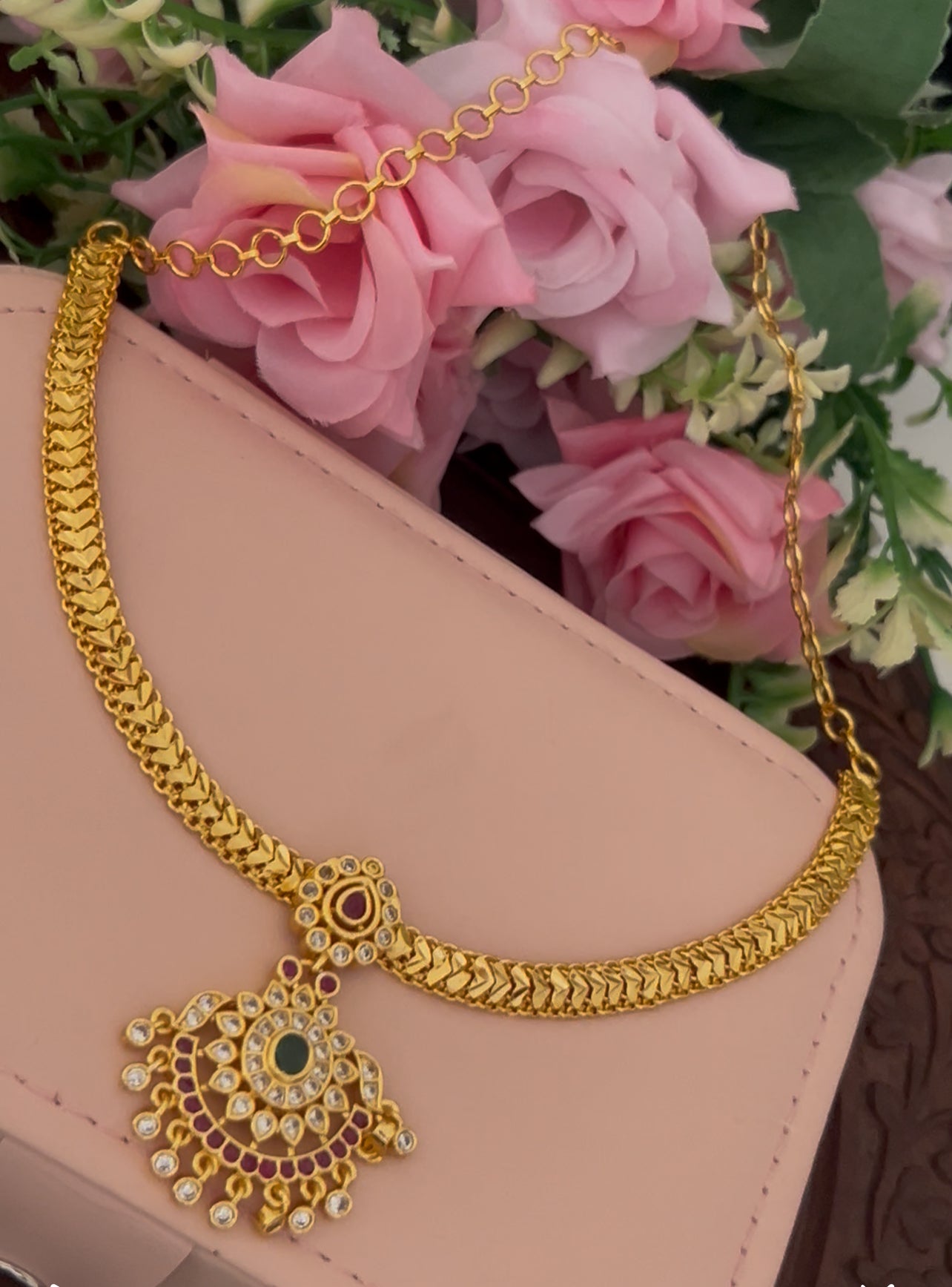 "Traditional Panchaloham Nanu Patti with Ruby & Emerald Stone Detachable Pendant – with polish"
