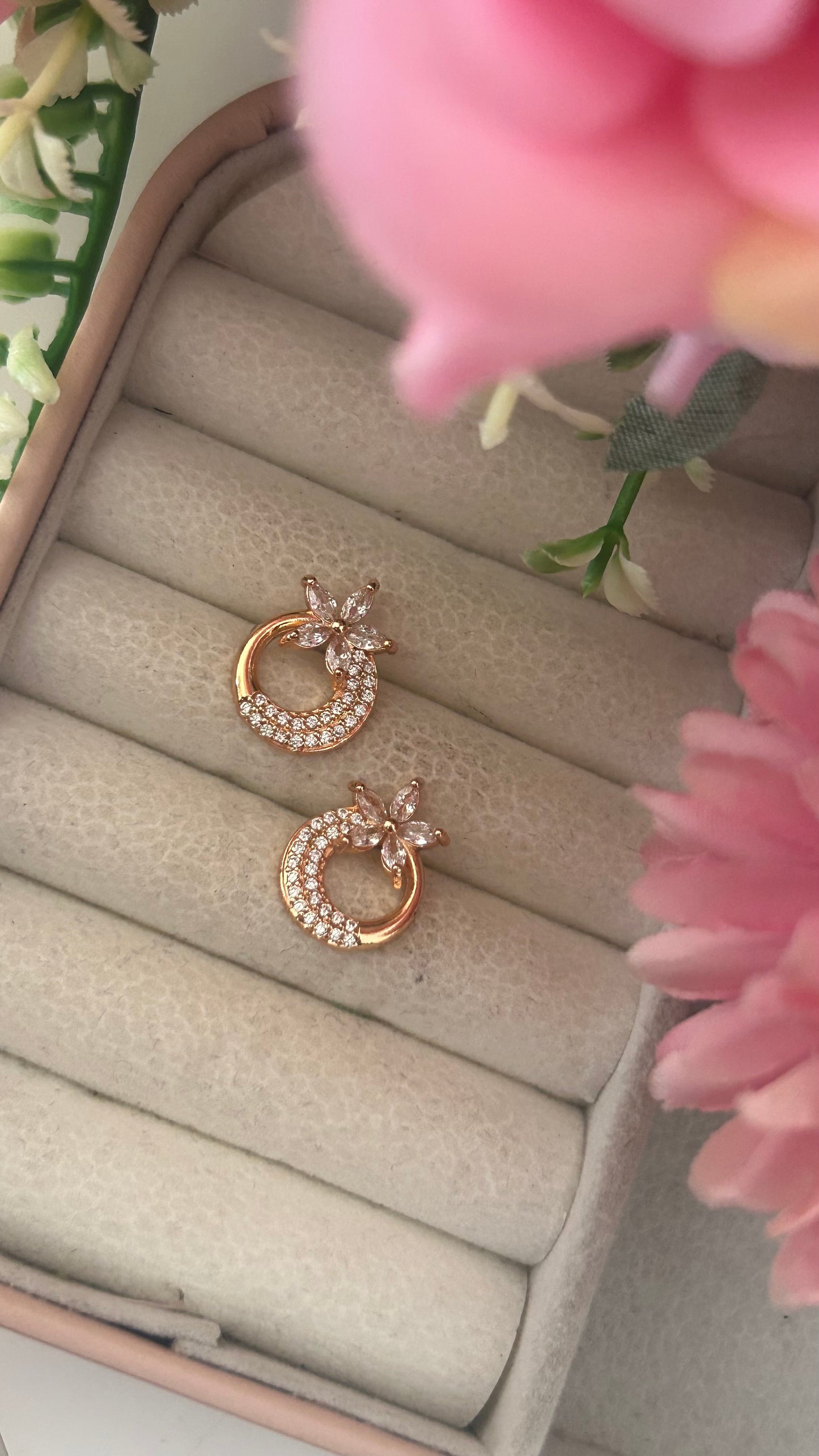 Gold-Plated Floral CZ Hoop Stud Earrings – Elegant Round Design with Sparkling Stones