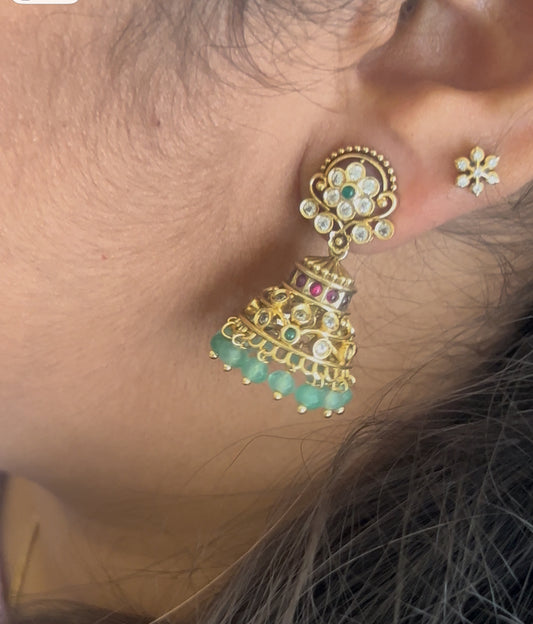 Floral Kundan Jhumka Earrings with Emerald-Green Bead Fringe & Ruby Accents