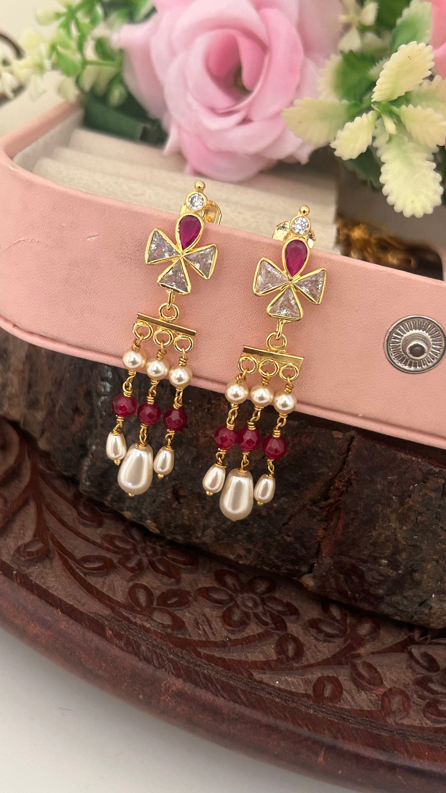 Elegant Handmade Hanging Earrings with Polki Design & Pearl Drops
