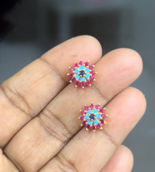 CZ pink n blue flower stud