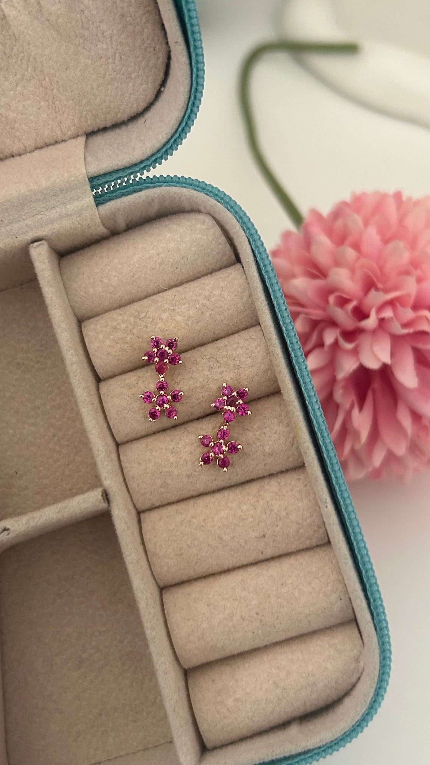 CZ flower stud with flowe hanging