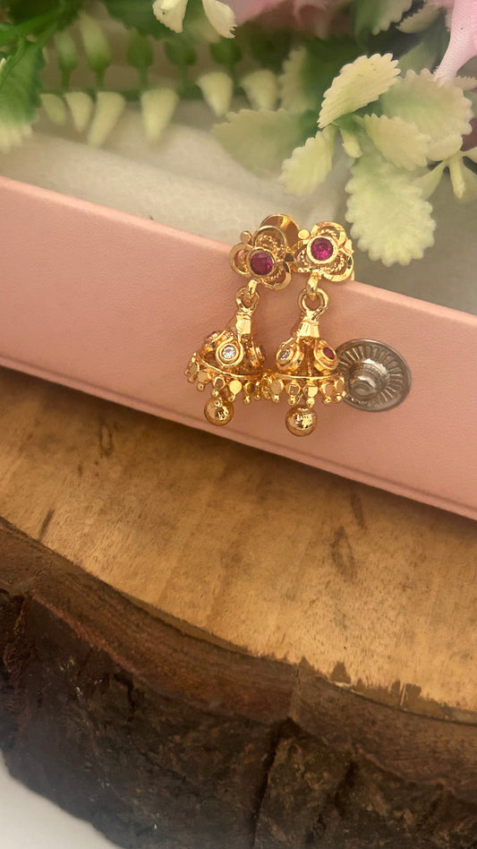 Mini Jhumka Panchaloham Stud Earrings – Ruby Stone Floral Design