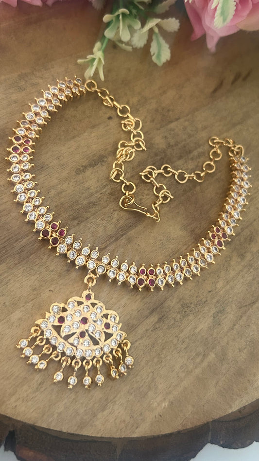 Elegant Ruby & White Stone Panchaloham Necklace with Pendant with polish