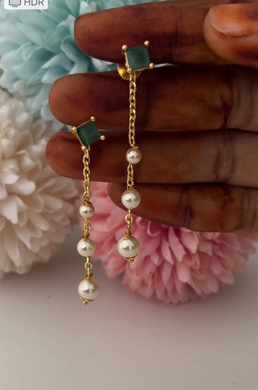 Green screwback stud with pearl strings with swaroski pearls