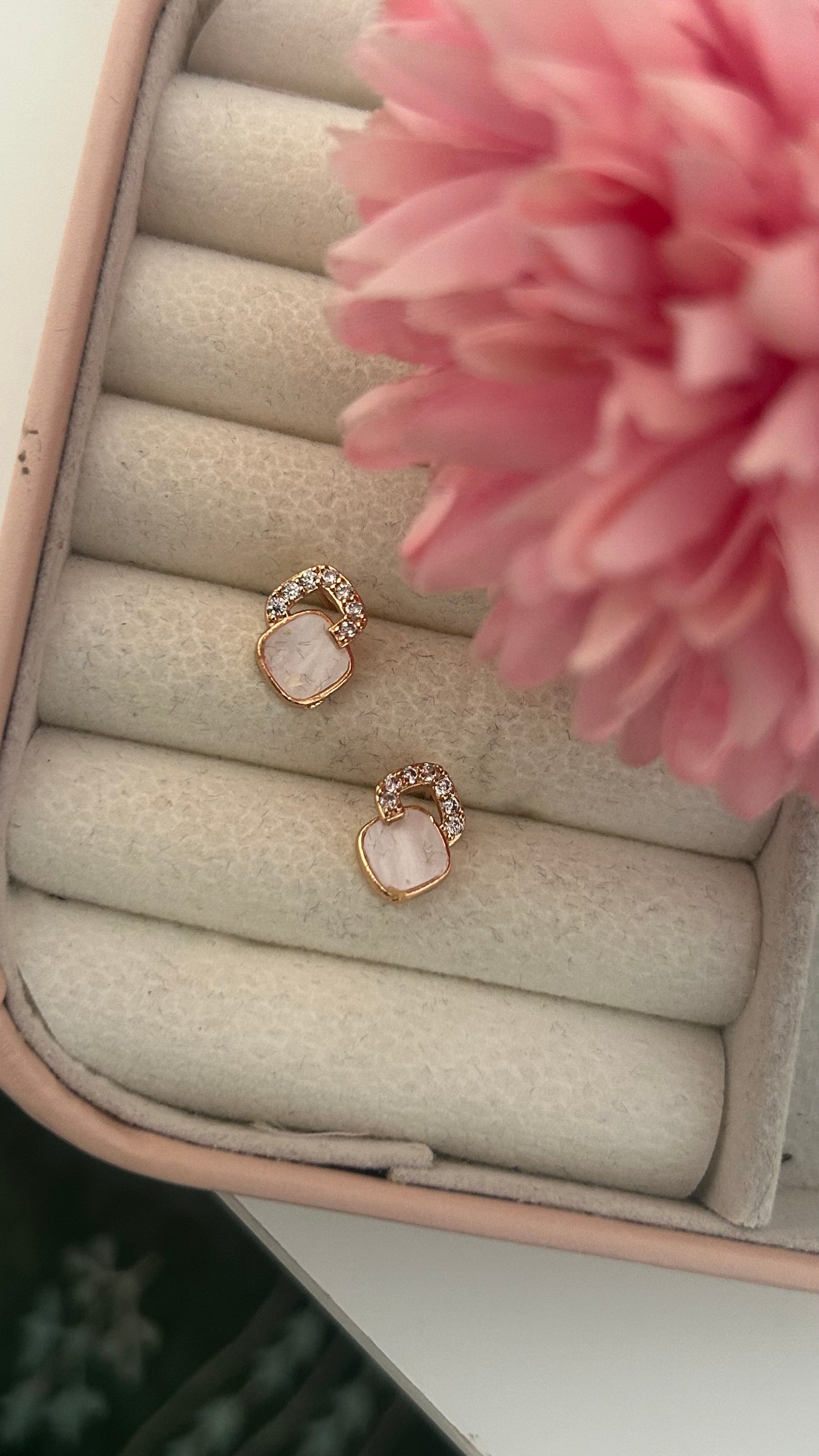 Gold Plated Mother of Pearl Stud Earrings with CZ Loop – Minimal Chic for Everyday Elegance