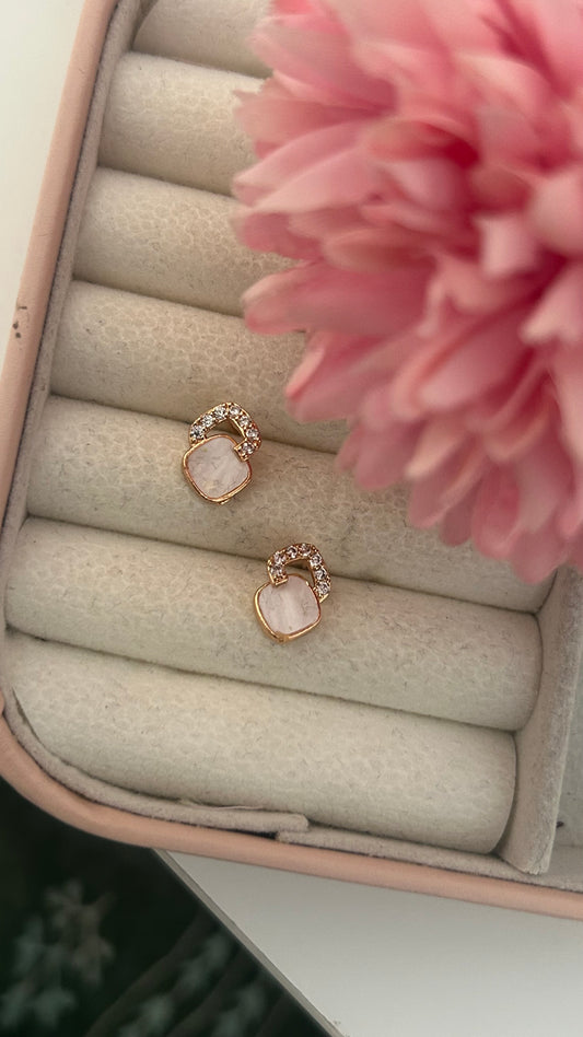 Gold Plated Mother of Pearl Stud Earrings with CZ Loop – Minimal Chic for Everyday Elegance