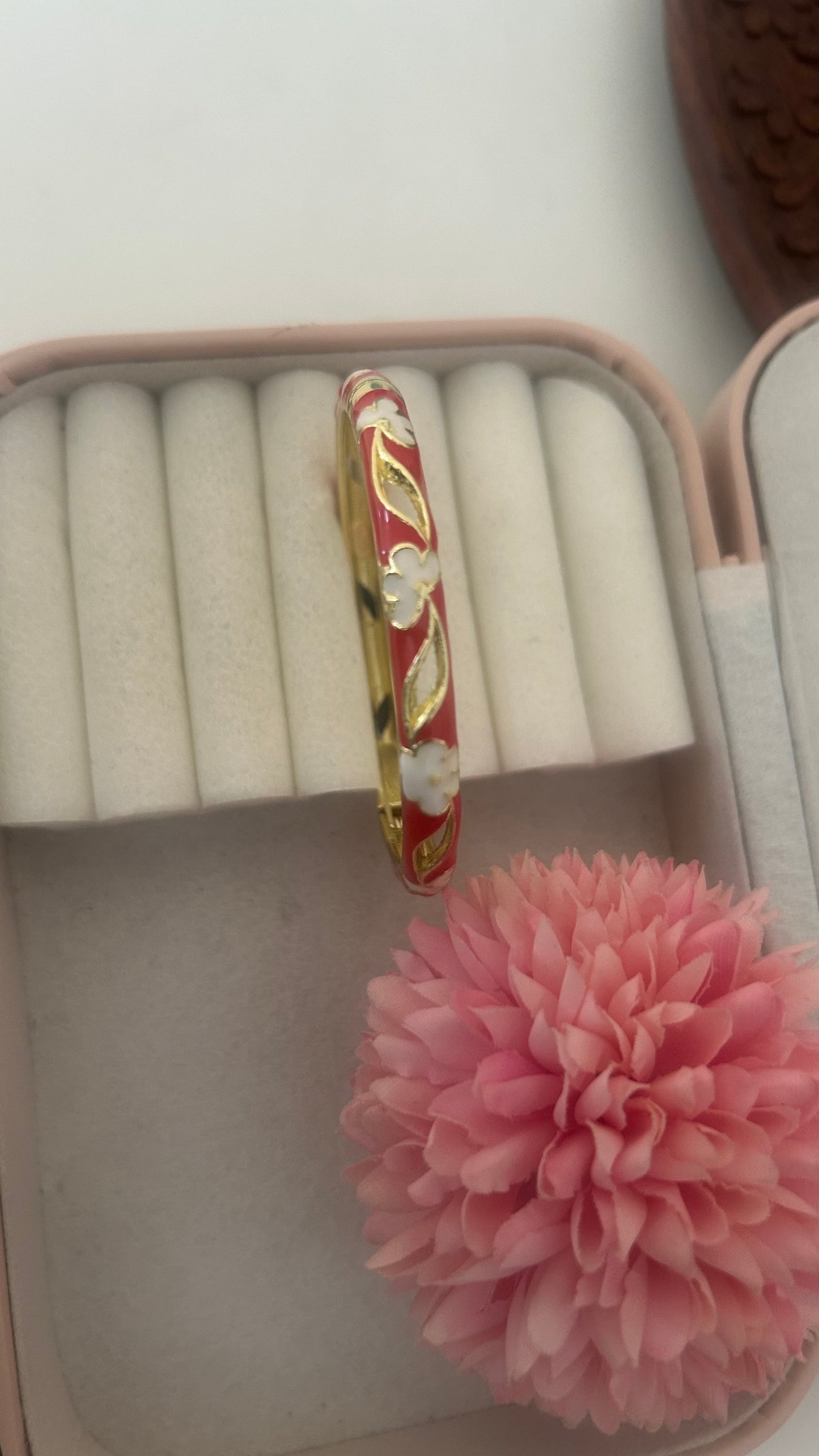"Elegant Red Enamel Floral Openable Kada for Women – Gold-Plated Bangle with White Flower & Leaf Design"