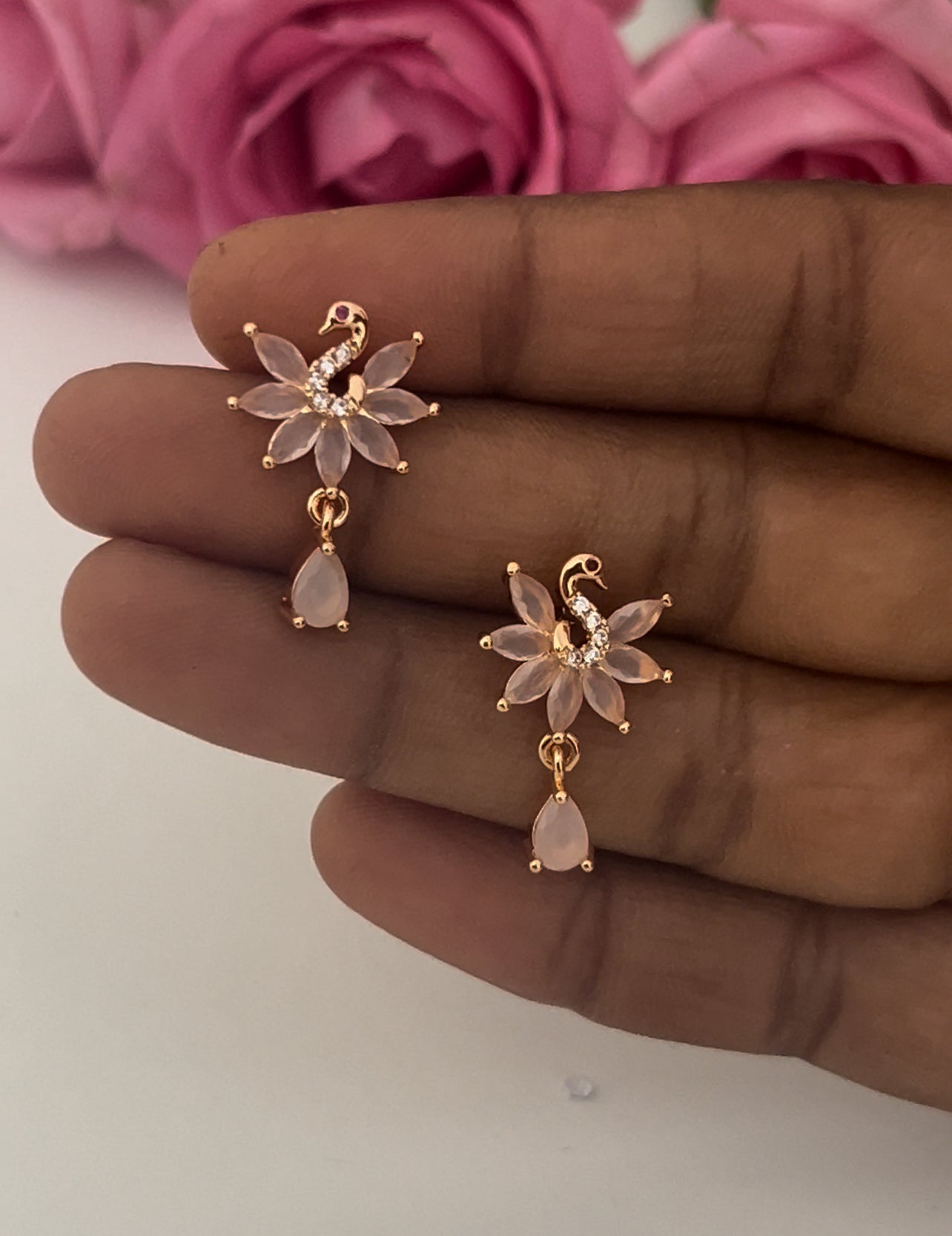 CZ peach colour peacock stud with hangings