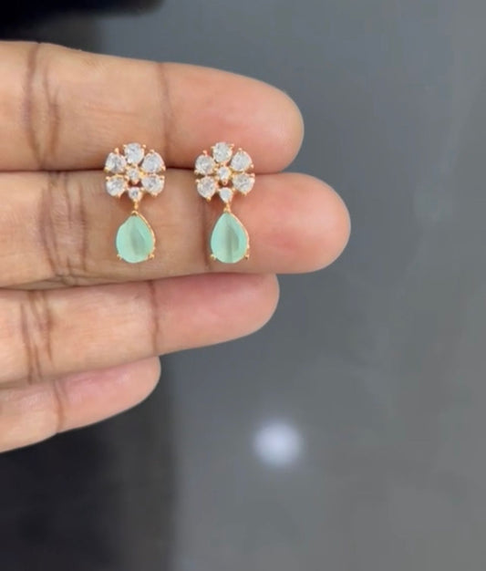 CZ Round Shape White Stones with Light green Color Drop Stud Earrings