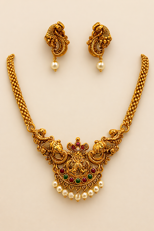 South Indian Bridal Temple Jewellery Necklace Set with Pearls