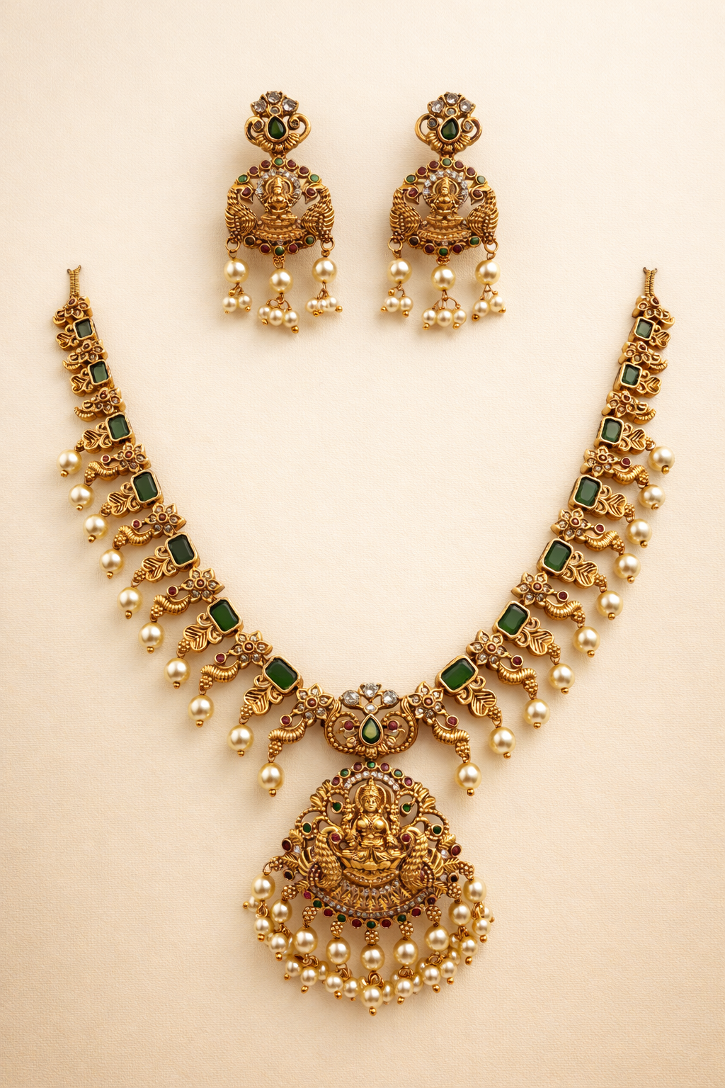 Traditional Lakshmi Temple Necklace Set with Ruby Stones & Pearl Drops