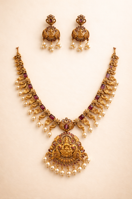 Traditional Lakshmi Temple Necklace Set with Ruby Stones & Pearl Drops