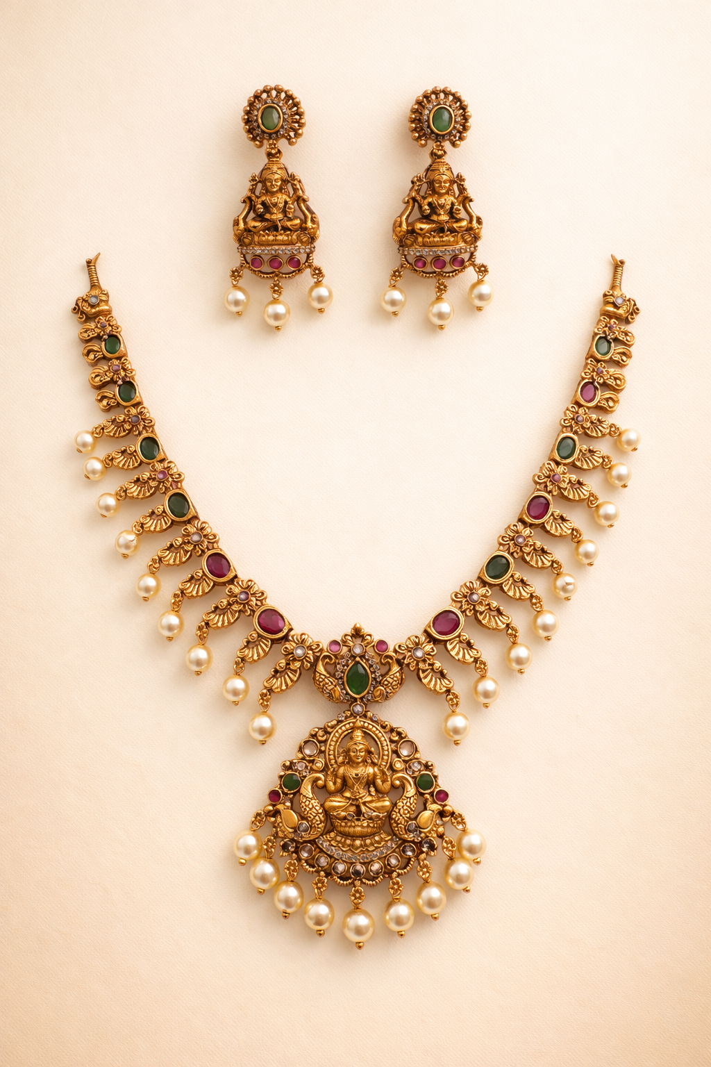 Grand Lakshmi Temple Jewellery Necklace Set with Ruby Stones & Pearl Drops