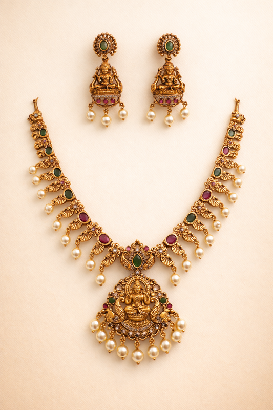 Grand Lakshmi Temple Jewellery Necklace Set with Ruby Stones & Pearl Drops