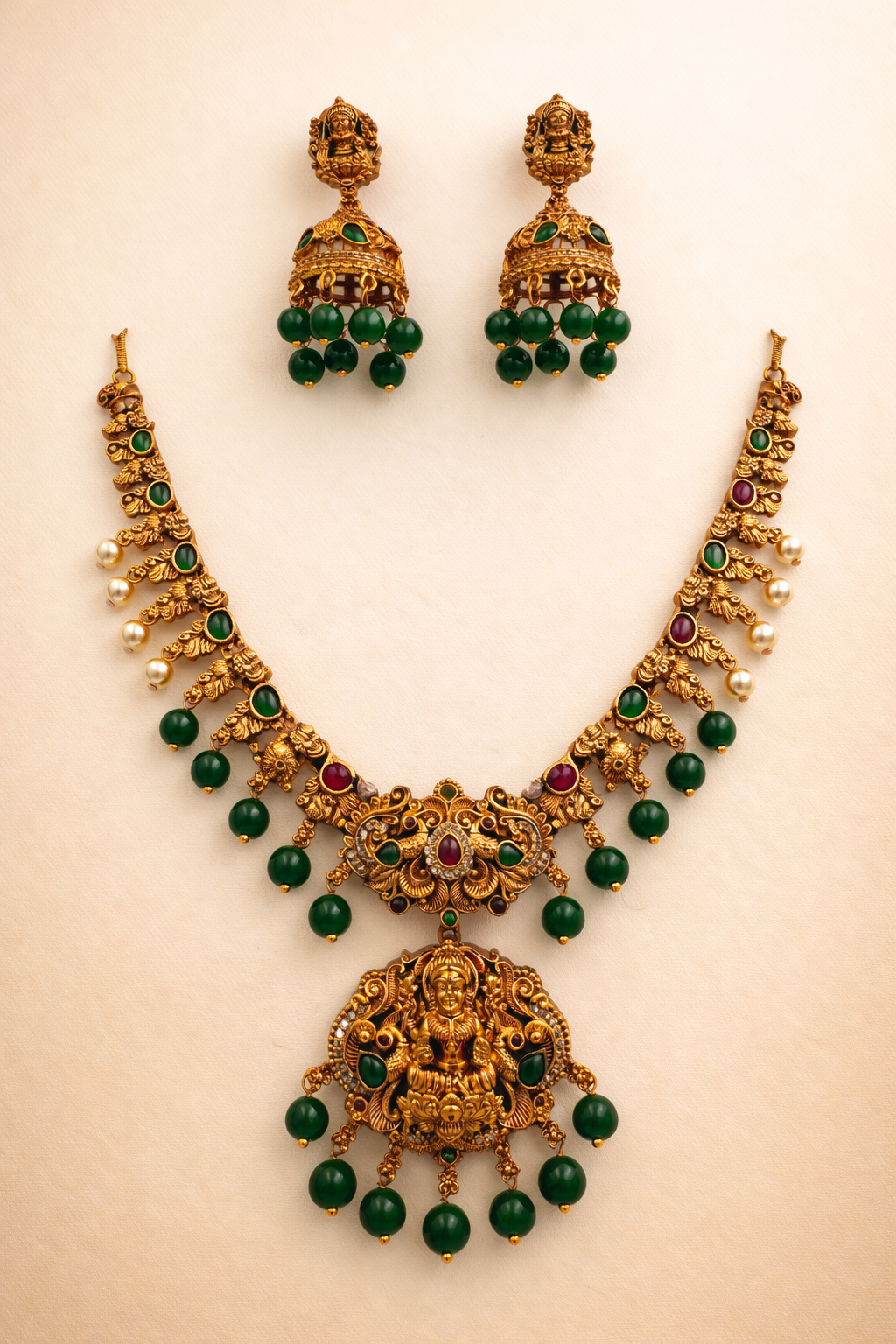 Bridal Lakshmi Temple Necklace Set with Green Bead Hangings