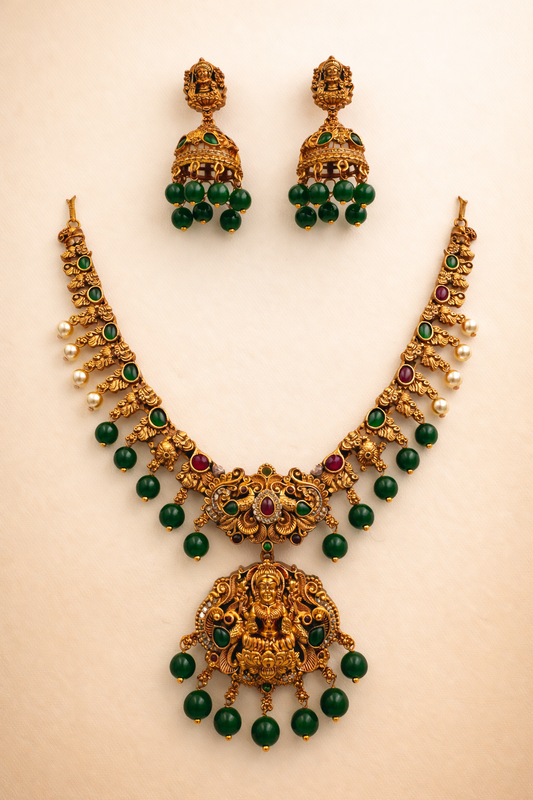 Bridal Lakshmi Temple Necklace Set with Green Bead Hangings