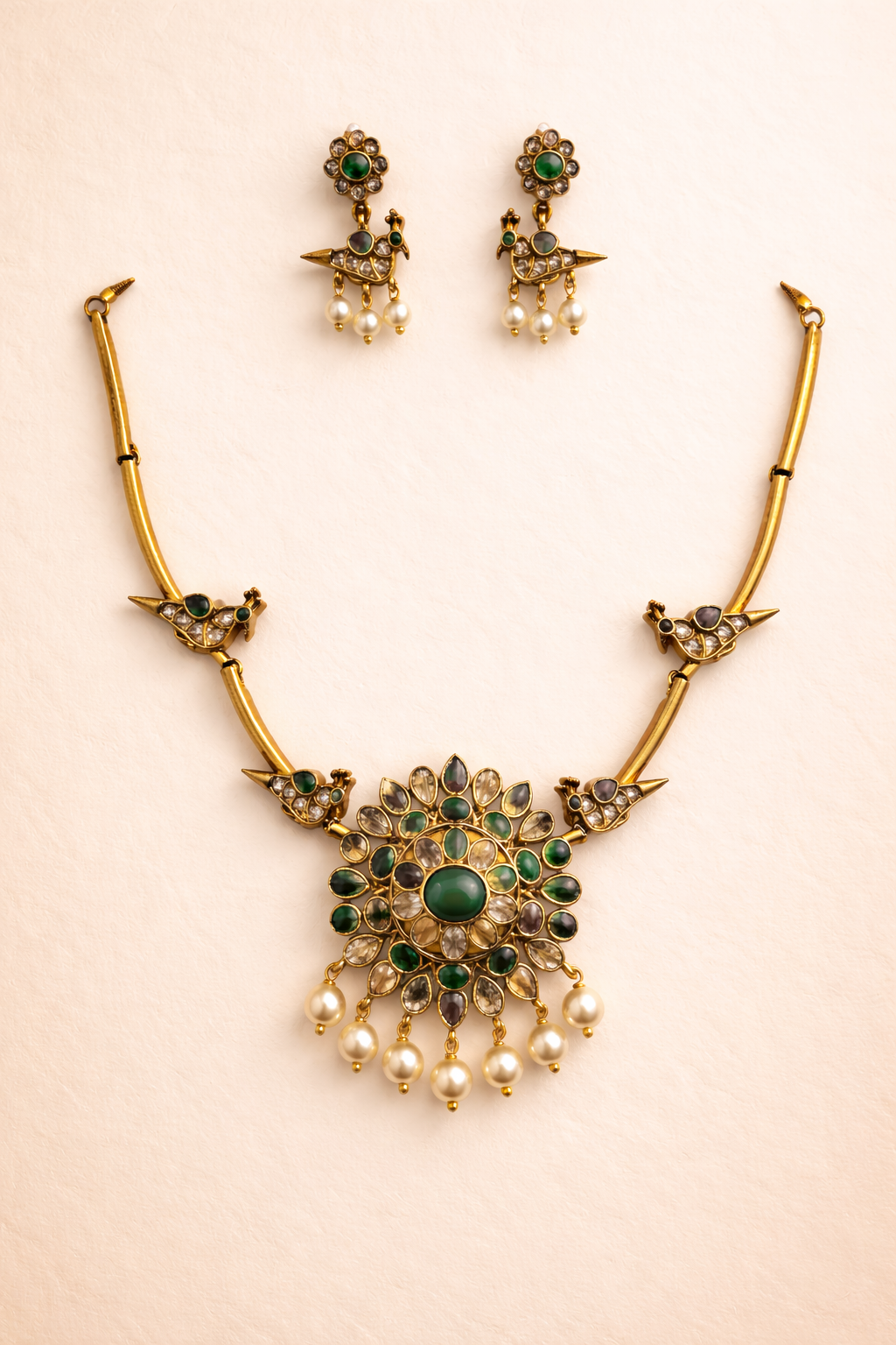 Handcrafted Bird Design Bridal Necklace Set with Ruby Stones