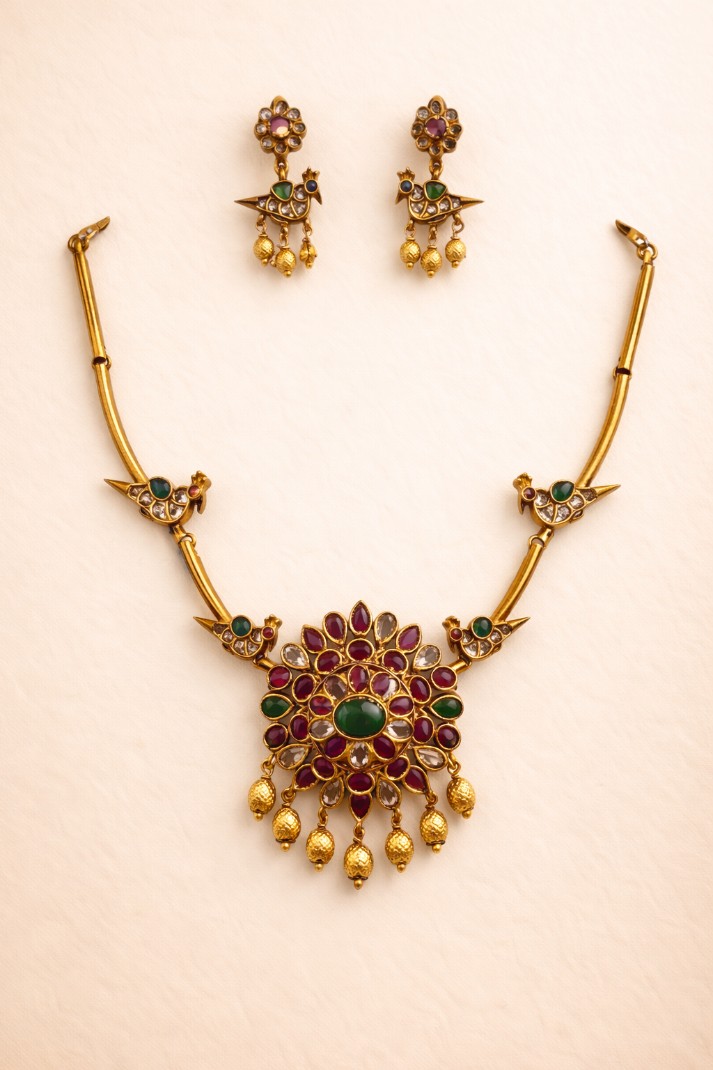 Handcrafted Bird Design Bridal Necklace Set with Ruby Stones