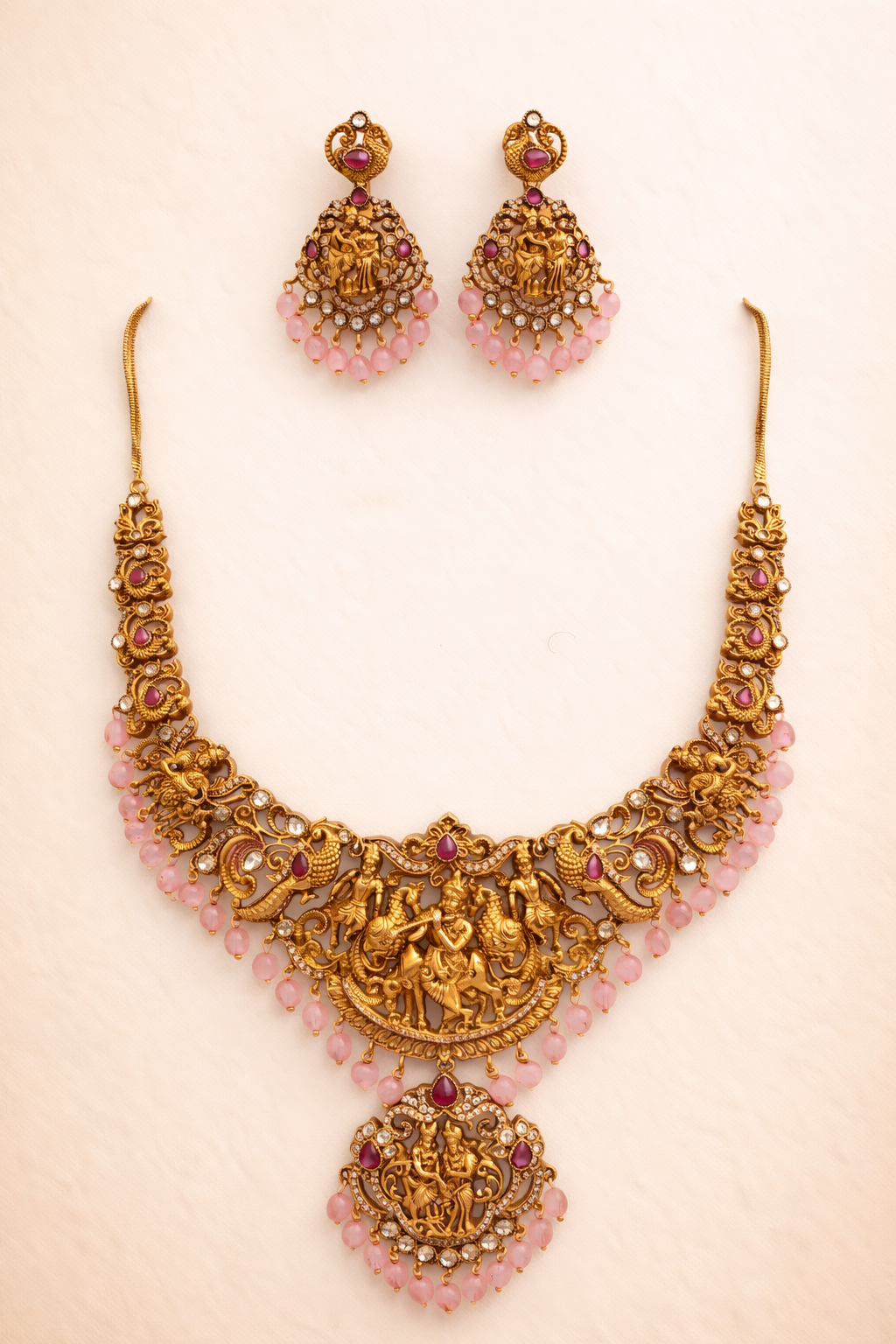 Royal Temple Jewellery Necklace Set with Deity Pendant and Pearls