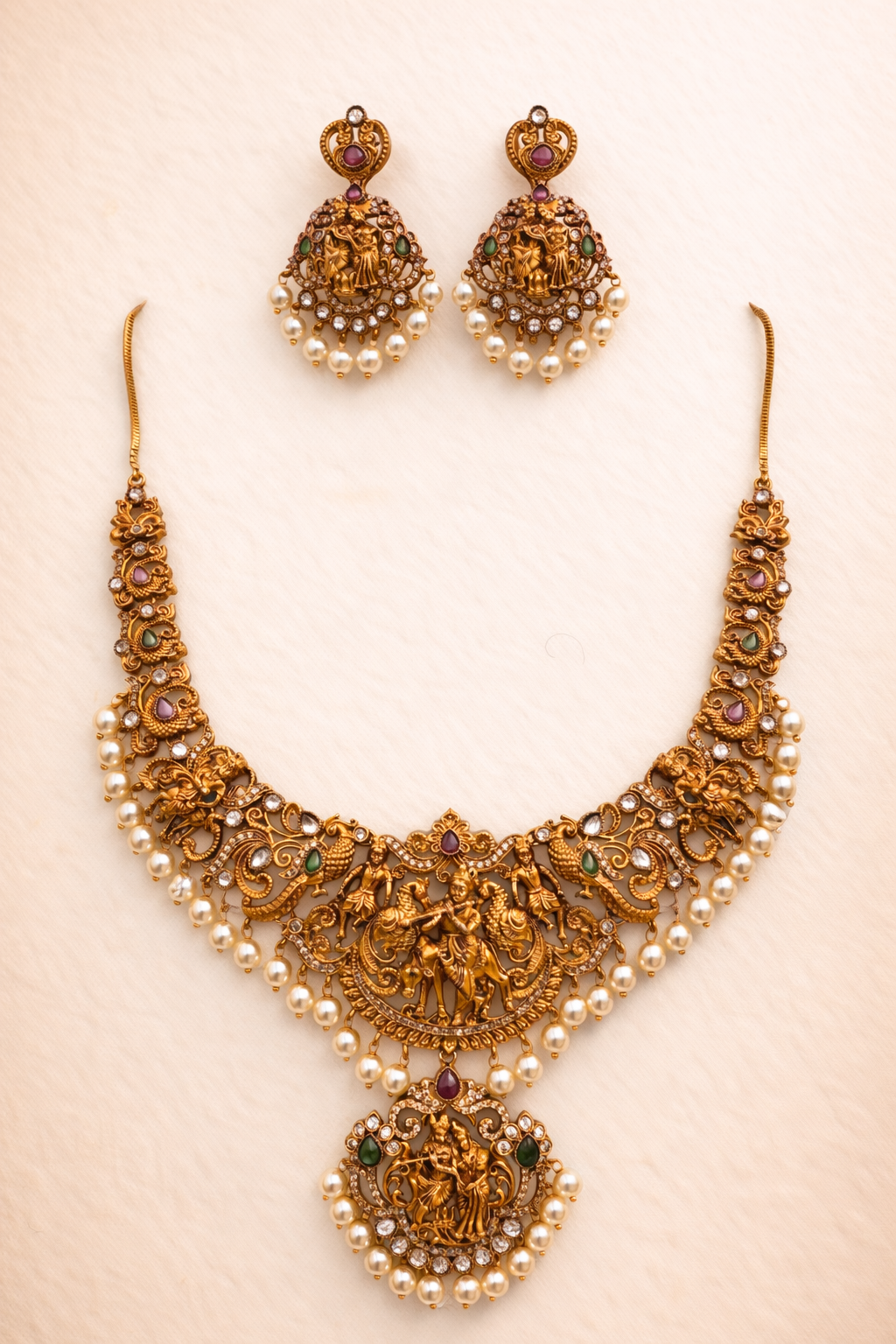 Royal Temple Jewellery Necklace Set with Deity Pendant and Pearls