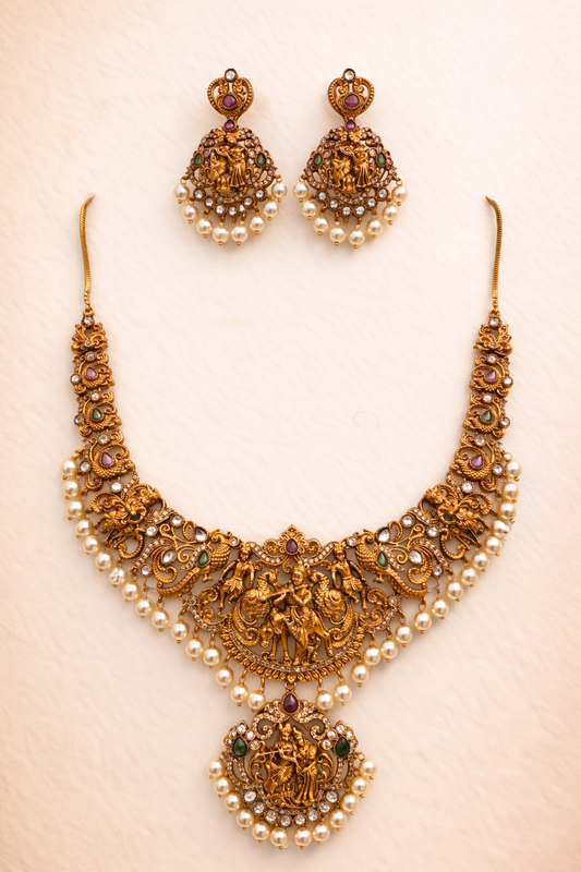 Royal Temple Jewellery Necklace Set with Deity Pendant and Pearls