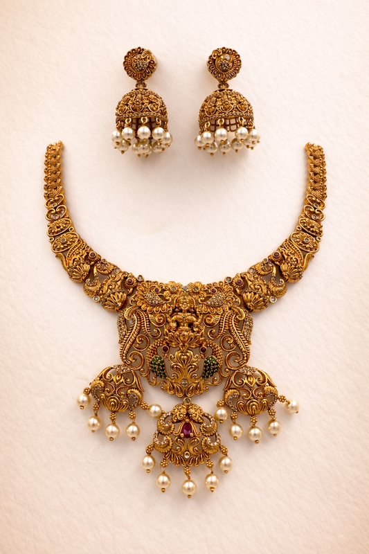 Heritage Temple Jewellery Peacock Necklace Set with Pearls