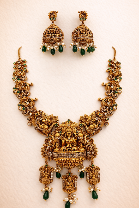 Grand Lakshmi Temple Jewellery Necklace Set with Green Beads