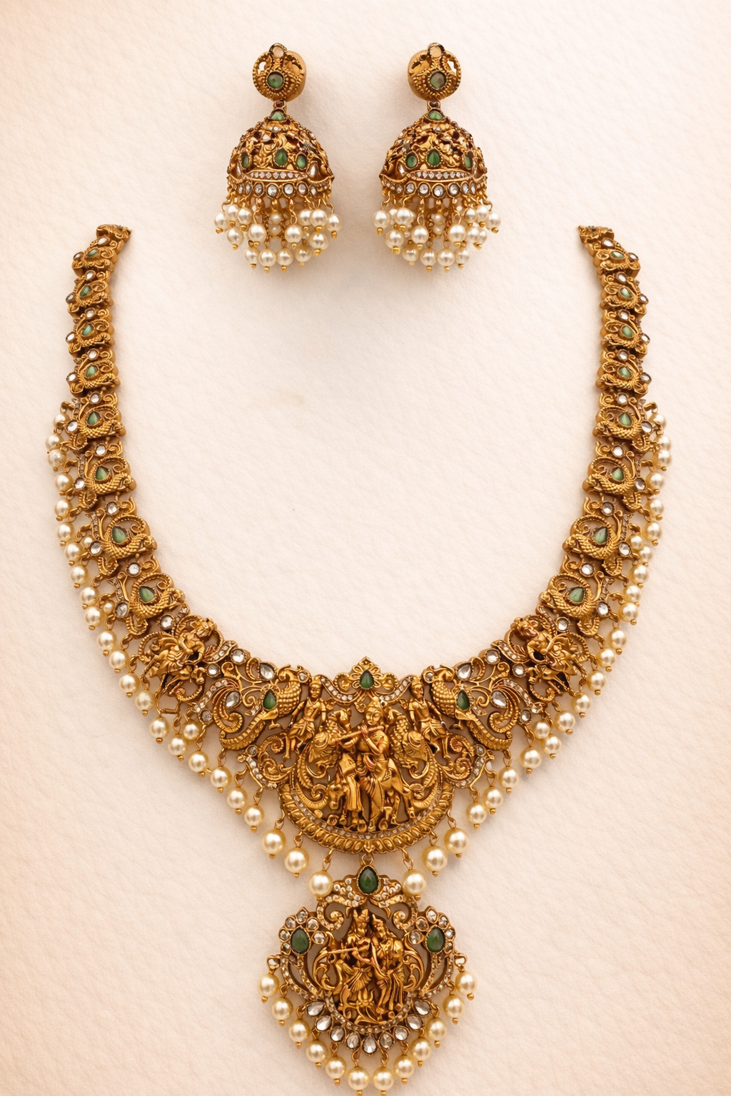 Traditional Gold Finish Radha Krishna Temple Necklace Set for Weddings