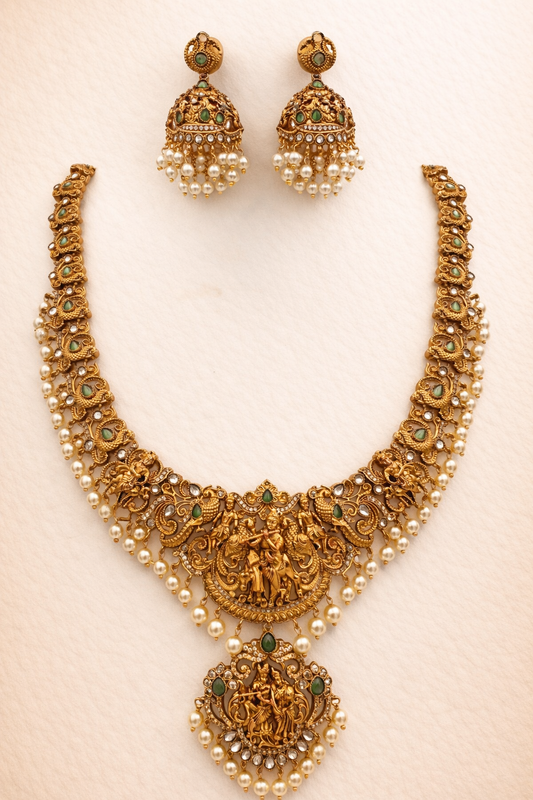 Traditional Gold Finish Radha Krishna Temple Necklace Set for Weddings