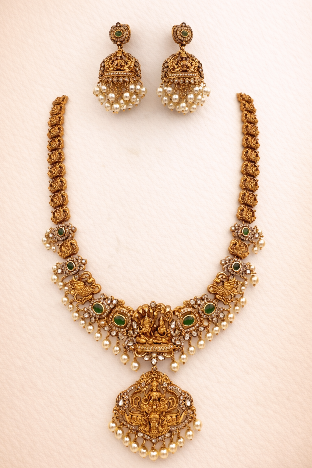 Antique Gold Lakshmi Pendant Necklace Set with Jhumka Earrings