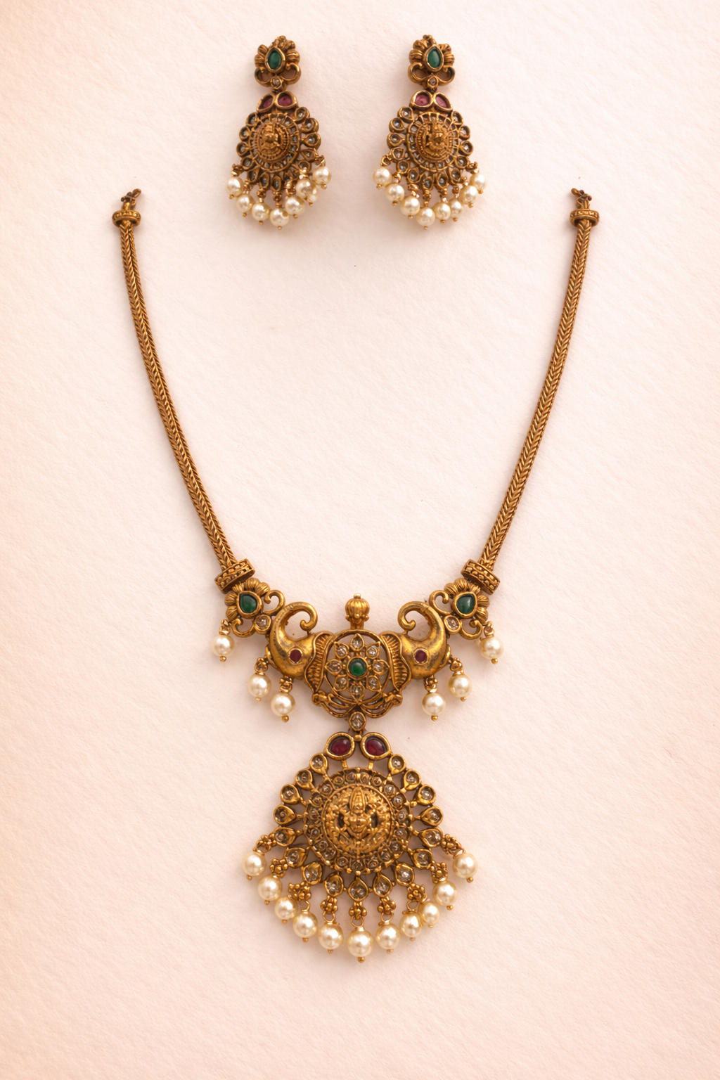 Designer Temple Jewellery Necklace Set with Ruby & Green Stones