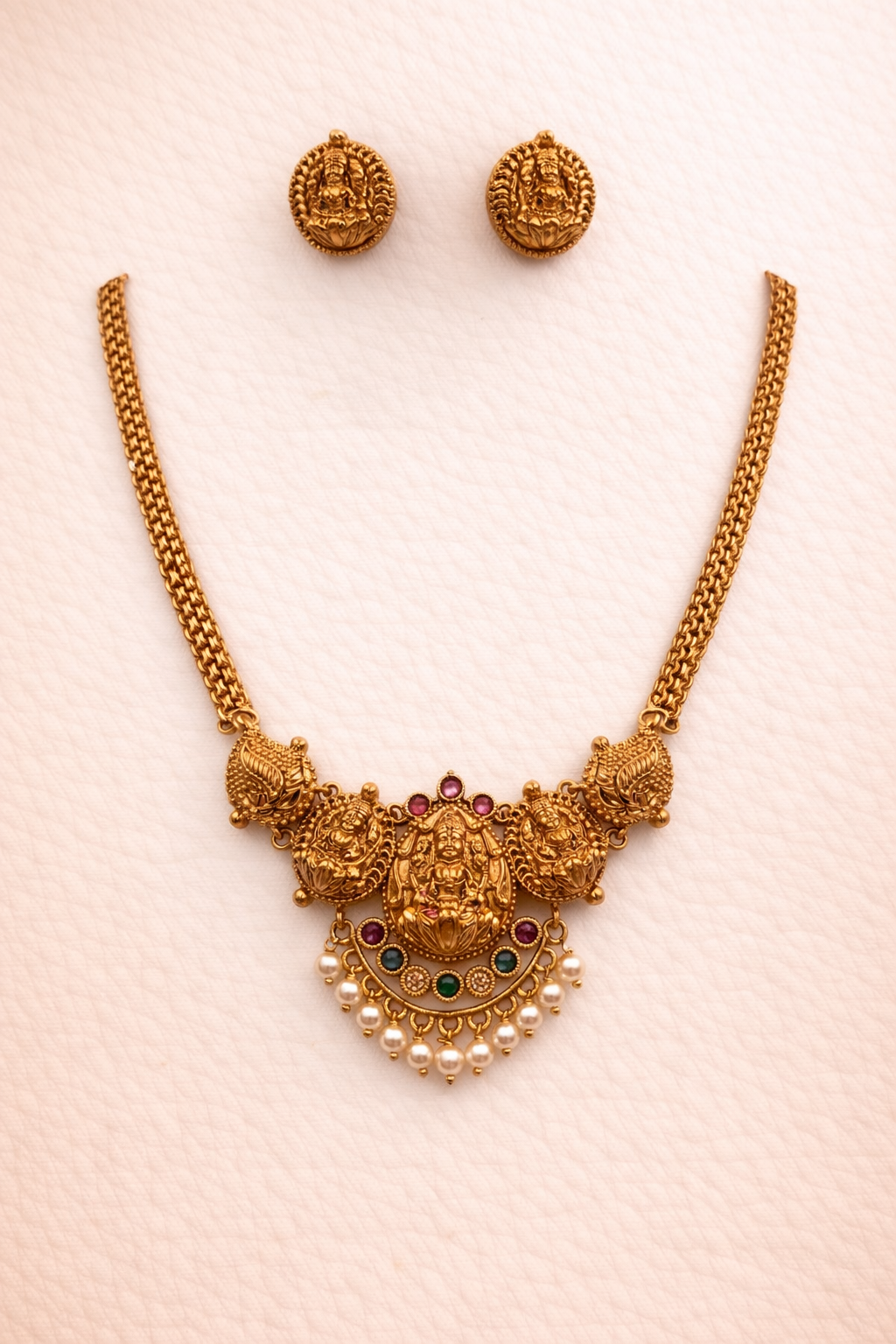 Classic South Indian Bridal Lakshmi Necklace Set with Pearls