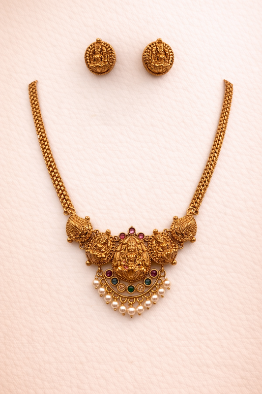 Classic South Indian Bridal Lakshmi Necklace Set with Pearls