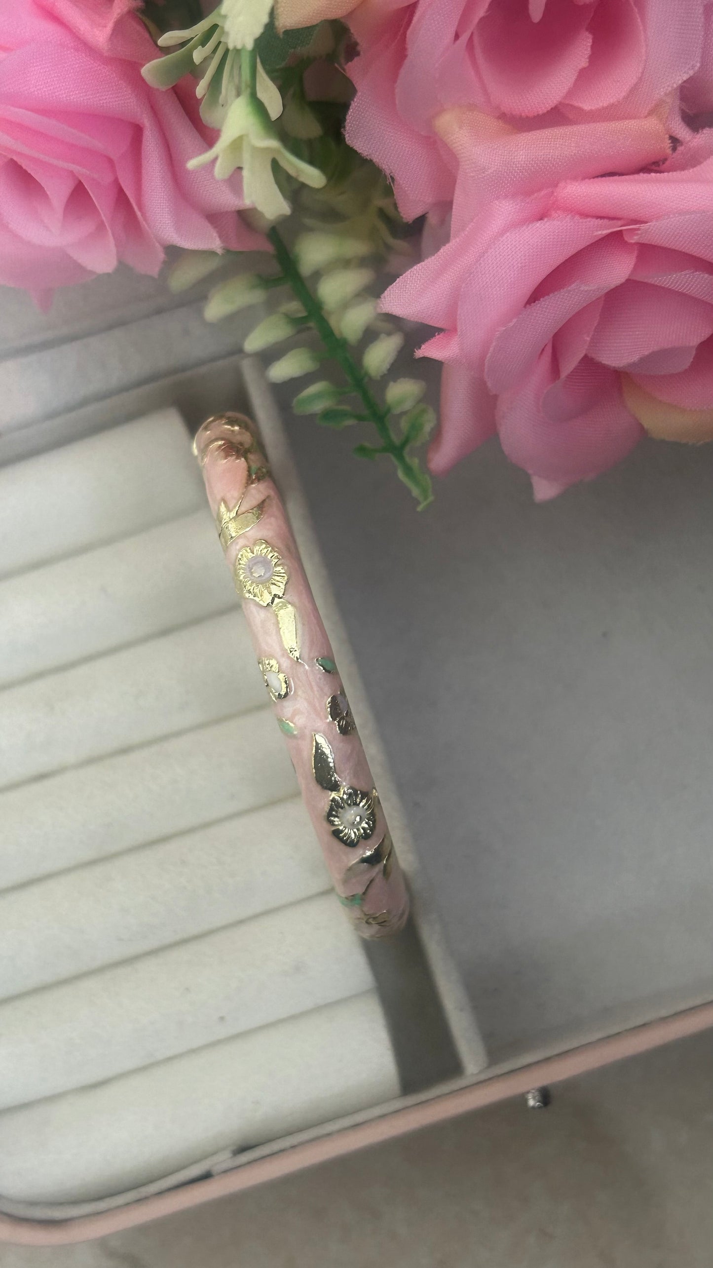 Pastel Pink Enamel Kada with Gold Floral Detailing – Elegant Ethnic Bangle for Women"