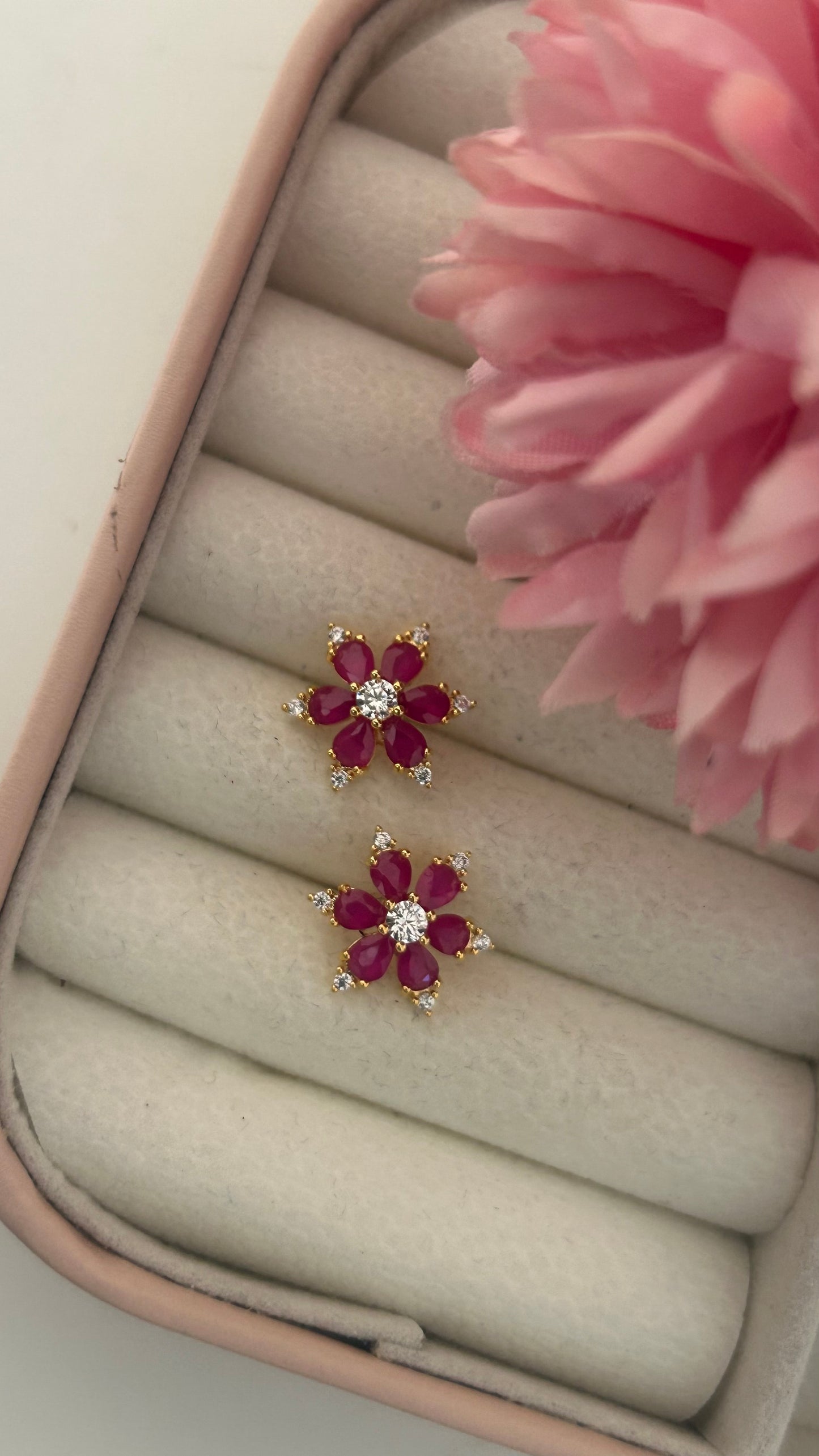 "Elegant Floral Stud Earrings Set – Yellow, Ruby Red & Emerald Green with CZ Accents – Gold-Plated Design for Women"