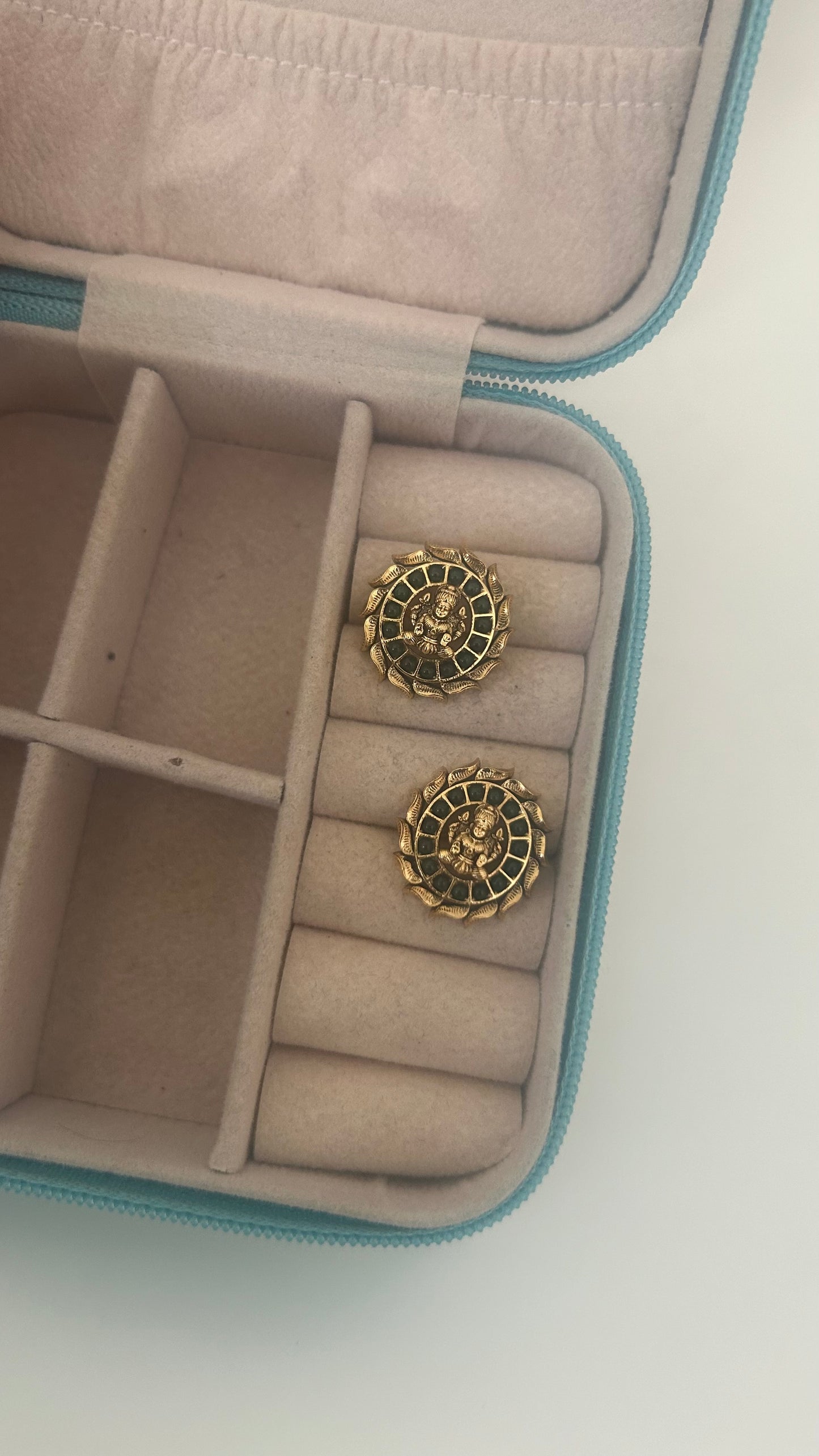 Lakshmi devi studs in round shape in green colour