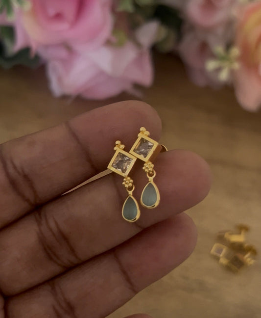 Square Top &  Green Oval Drop Screwback Earrings – Gold Plated