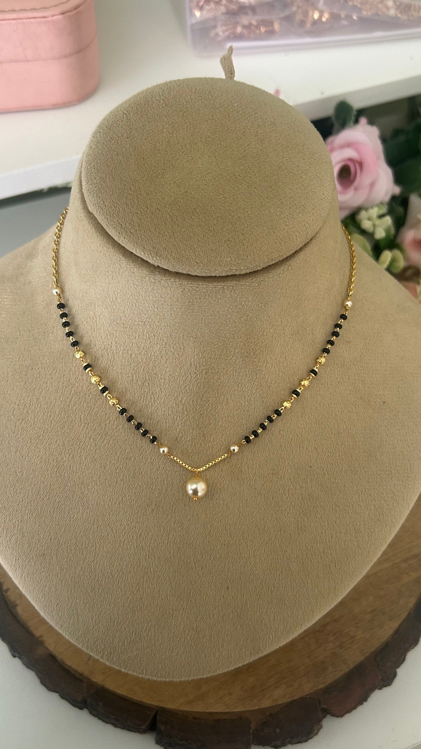 Minimal Black Beads Mangalsutra with Single Pearl Pendant in 16 to 18 inches middle
