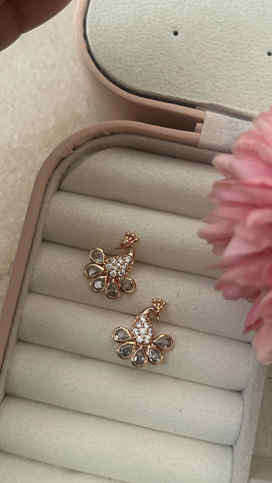 CZ Gold plated white stones peacock shape stud