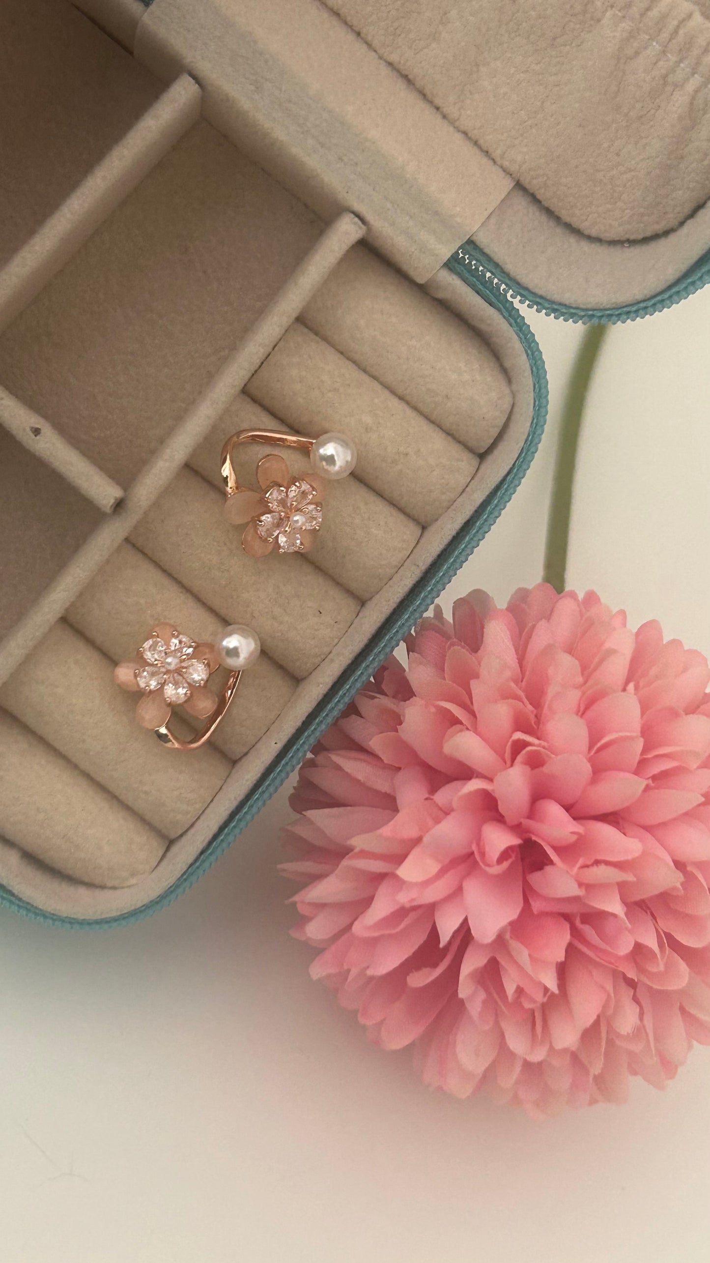 CZ peach flower with pearl curved stud