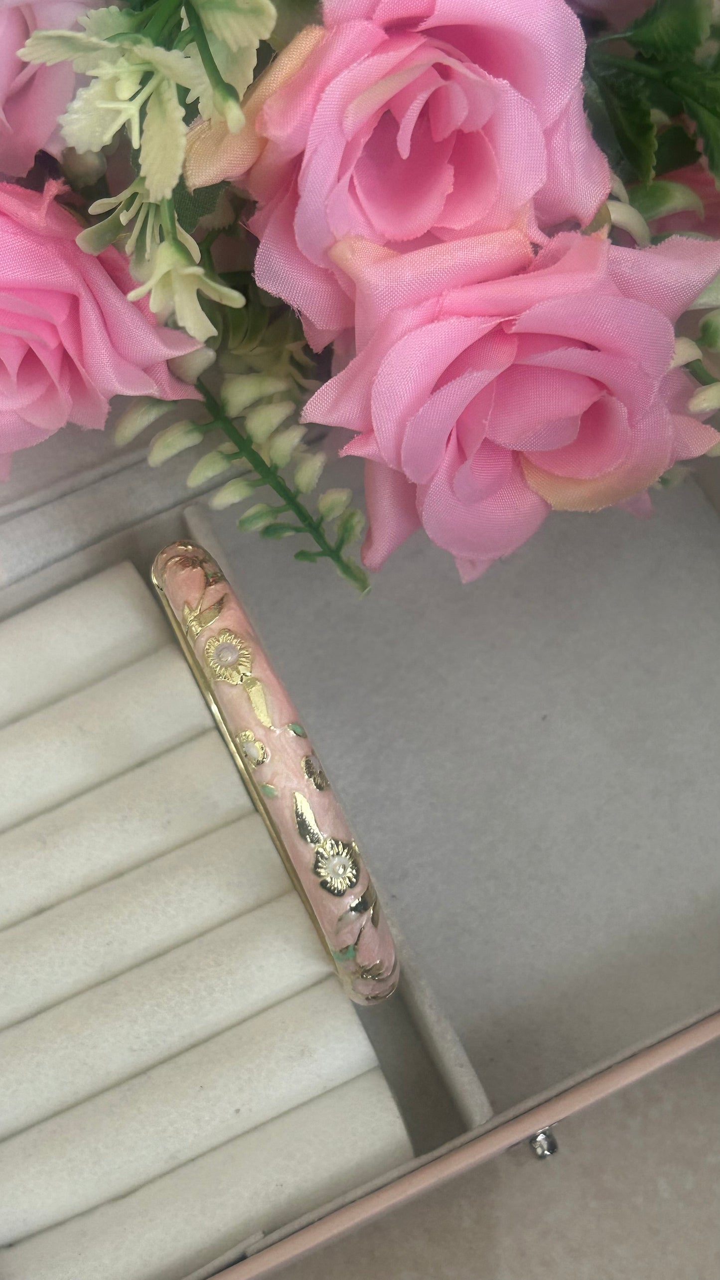 Pastel Pink Enamel Kada with Gold Floral Detailing – Elegant Ethnic Bangle for Women"