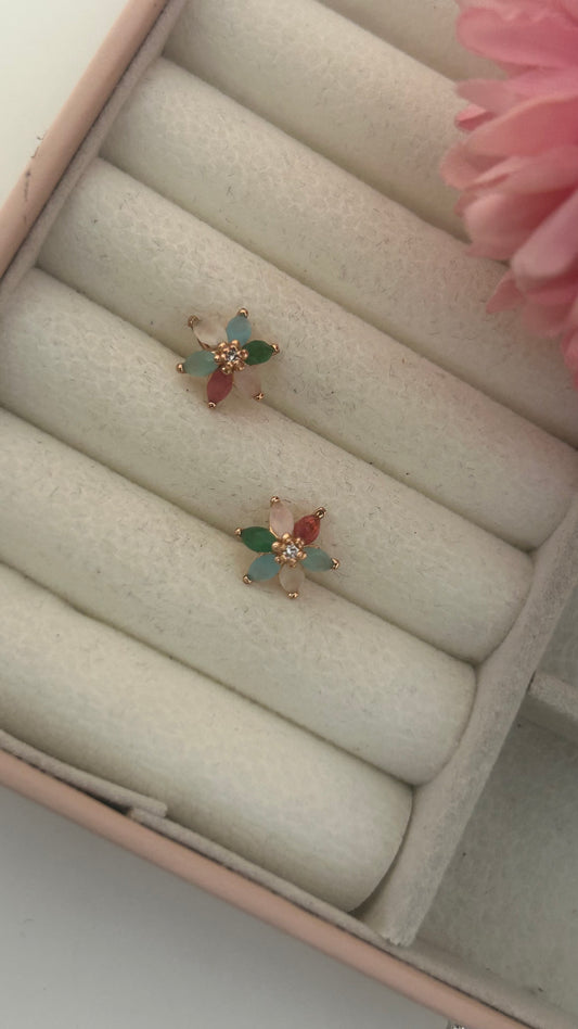 Gold-Plated Multi-Stone Floral Stud Earrings – Colorful Petal Design with CZ Center