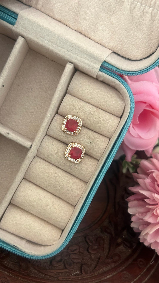 CZ Square shape white stone border and red stone stud